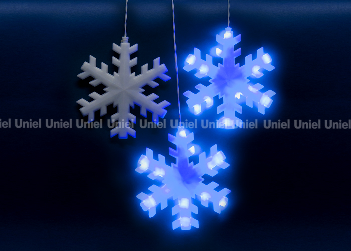 ULD-E2703-120-DTA BLUE IP20 SNOWFLAKES Занавес светодиодный фигурный с контроллером Снежинки. 10 подвесов. 120 светодиодов. Размер 2.7х0.3м. Цвет свечения синий. IP20. Провод прозрачный. Упаковка картон.