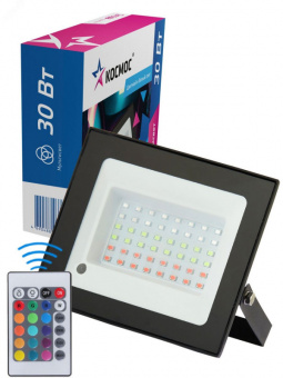 Прожектор светодиодный 30Вт, RGB с пультом, IP65, КОСМОС 